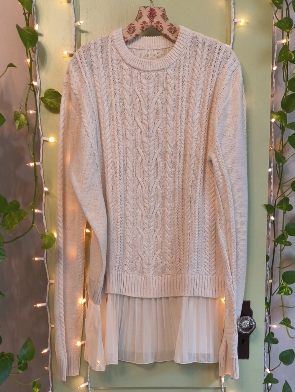 Women's Fashion Forward Cableknit Cream Sheer Pleated Extra Long Sleeve Sweater